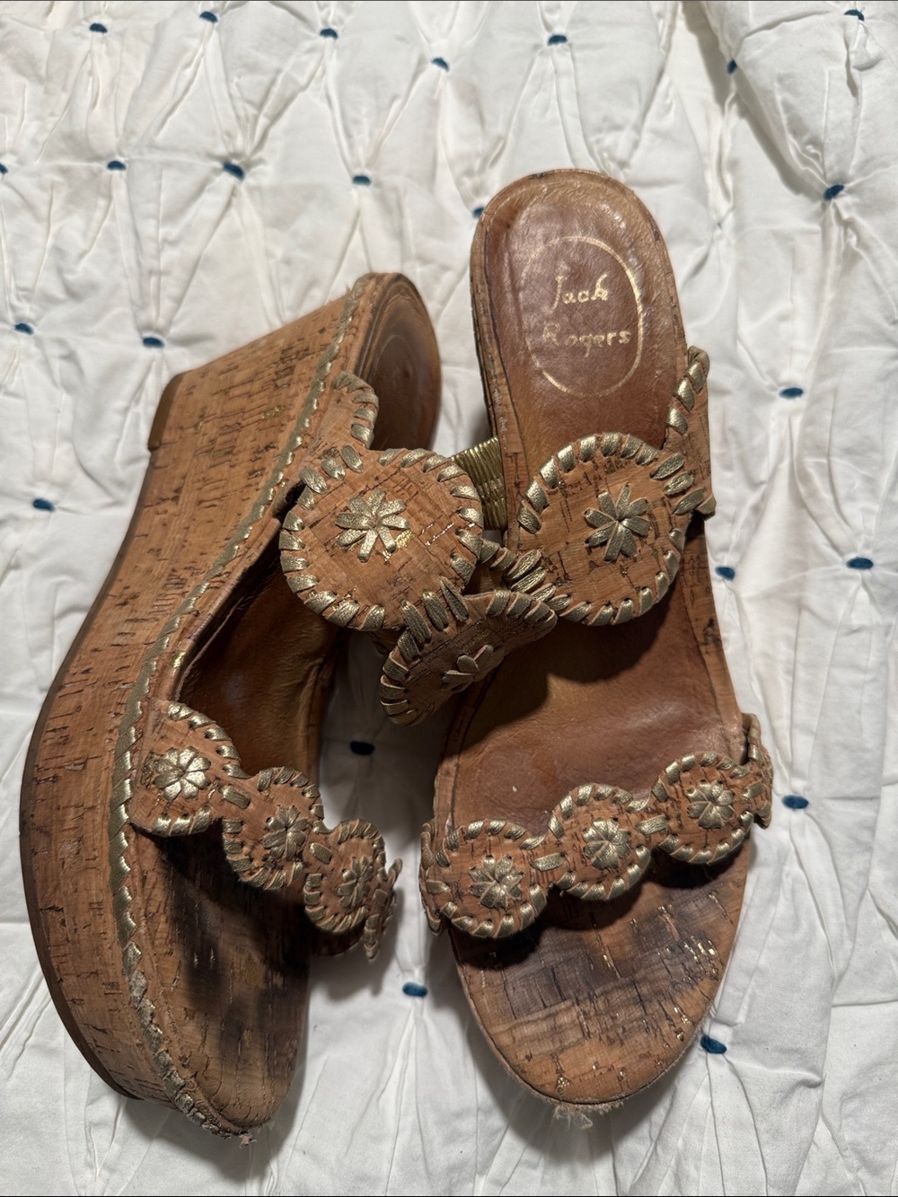 Jack Rogers Tan Leather Cork Wedge Sandals with Metallic Stitching